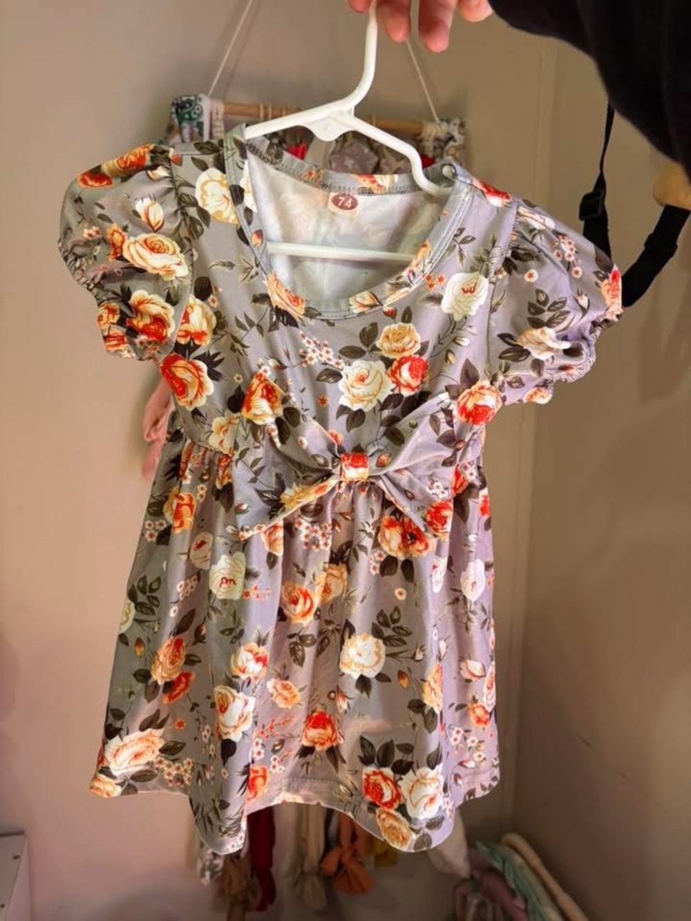 Gray Floral Bow Front Toddler Dress